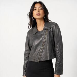 80s CLAN Cropped Moto Leather Jacket Womens L Black Zip Dolman Edgy Street Biker